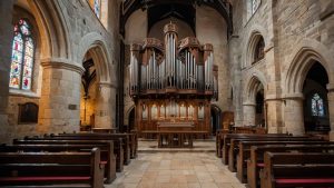 a stunning view of a medieval stone church interior, featuring a grand pipe organ as the focal point. the elegant wooden pews, gothic arches, and beautiful stained glass windows add to the majestic and serene atmosphere. ai generated image.